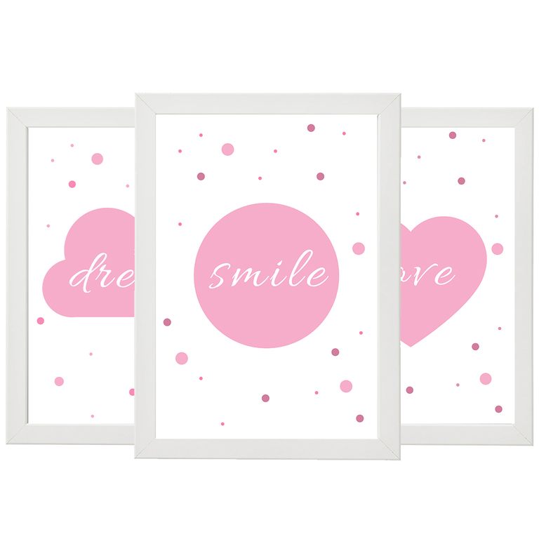 Tryptyk - 3 plakaty - Love, smile, dream - różowe  (1)